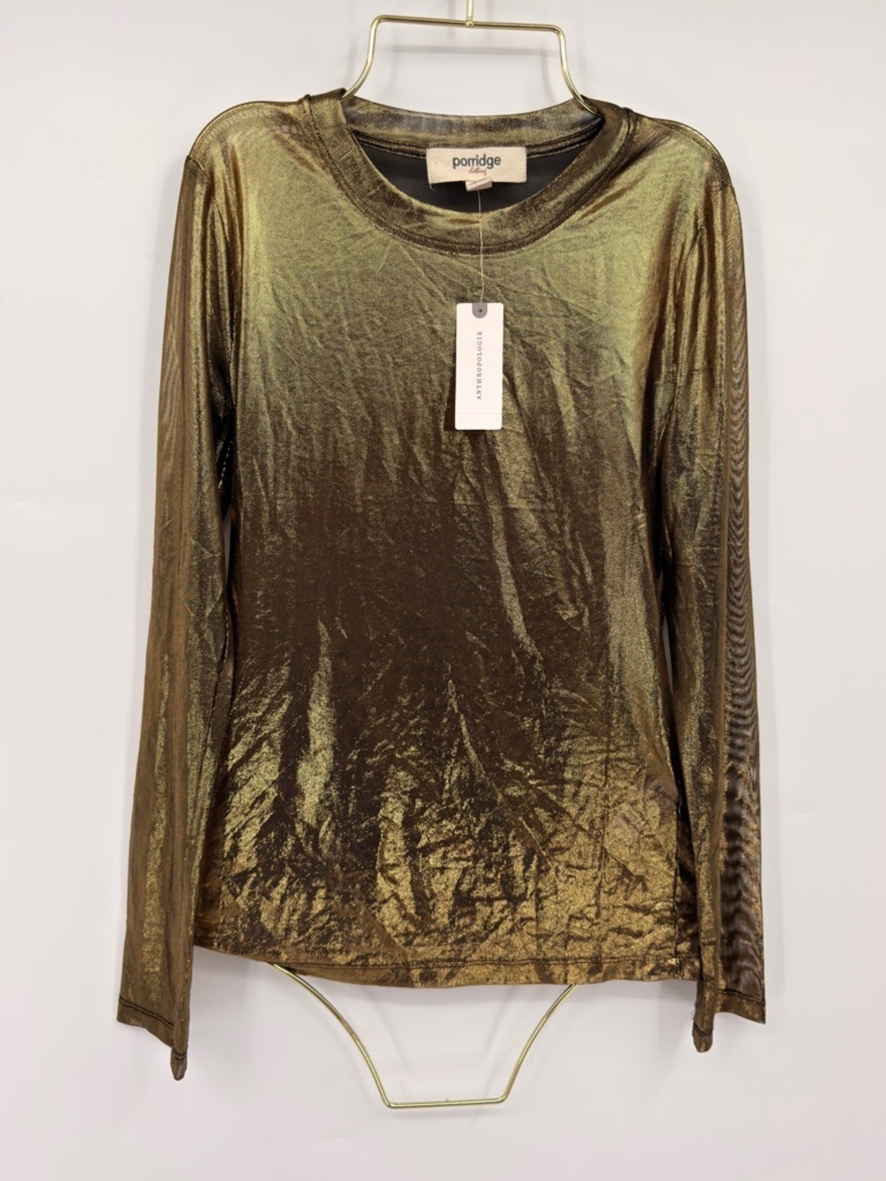 Anthropologie Porridge Metallic Gold Long Sleeve Top Shimmer Stretch Tee XXS